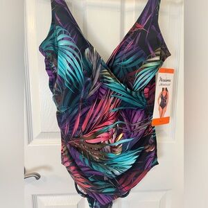 New with tags, miracle, swimsuit, palm, fronds, design. Wrap front, ruched belly